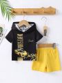 Baby Boy Short Sleeve Hooded Car Print Top And Solid Color Shorts Set
