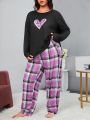 Plus Size Round Neck Long Sleeve T-Shirt And Plaid Pants Pajama Set