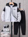 SHEIN Young Boy Two-Piece Set Consisting Of A Spliced Hooded Jacket With Letter Printing And A Casual Suit Suitable For The Autumn Season