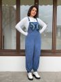 SHEIN Qutie Plus Size Denim Blue Butterfly Applique Embroidery Jumpsuit