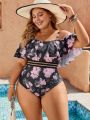 SHEIN Swim Classy Plus Size Off-shoulder Floral Printed One-piece Swimsuit