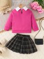 SHEIN Kids EVRYDAY Toddler Girls' 2pcs/Set Casual Fleece Shirt Collar Sweatshirt And Plaid Pleated Skirt, Suitable For Spring And Autumn