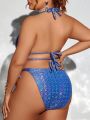 SHEIN Swim SXY Plus Size Blue Gemstone Backless Halter Swimsuit