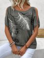 Hollow Out Shoulder Feather Pattern Printed T-Shirt