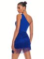 SHEIN BAE Sexy Blue Tassel One Shoulder Rhinestone Sparkling Mini Dress For Valentine's Day Date Night Or Party