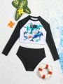 Girls' Blue Whale Printed Long Sleeve T-Shirt And Swimwear Set