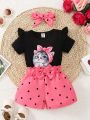 Baby Girl Cartoon Graphic Ruffle Trim Tee & Heart Print Bow Front Shorts & Headband