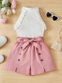 SHEIN Kids FANZEY Tween Girls' Stand Collar Sleeveless Top With Frill Details And Button Detail Belted Shorts Set