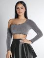 SHEIN PETITE Women'S Asymmetric Neck Sparkly Cropped Top