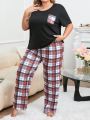 Plus Size Women's Plaid Short Sleeve T-Shirt And Long Pants Pajama Set