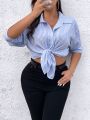 SHEIN SXY Plus Size Striped And Printed Button Front Casual Shirt