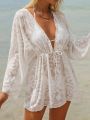 SHEIN Swim Basics Women'S Drawstring Waist Long Sleeve Cover-Up