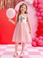 SHEIN Kids FANZEY Girls' Character Printed Heart Shaped Mesh Panel Splice Dress