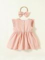 SHEIN Newborn Baby Girl Floral Embroidery Ruffle Trim Bow Front Dress With Headband