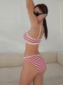 DAZY Ribbed Knit Striped Bikini Swimwear Set + Swim Skirt