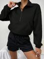 Solid Color Half Zipper Opening Drop Shoulder Sweatshirt