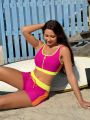 SHEIN Swim SPRTY Colorblock Trim Zip-Front Vest Bikini Set