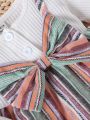 Baby Girls' Striped Patchwork Dress With Bow Decoration