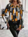 Plus Geometric Color Block Round Neck Shirt