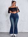SHEIN ICON Women'S Plus Size Butterfly Embroidered Water Washed Flare Jeans