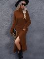 Turtleneck Batwing Sleeve Wrap Hem Sweater Dress (belt Not Included)