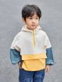 SHEIN Kids KDOMO Boys' Casual Loose Fit Fun Color Block Zipper Up Half Placket Hooded Jacket