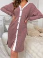 Contrast Trim Button Front Home Robe With Rolled Cuffs