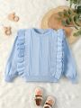 Young Girls' Solid Color Ruffle Detail Decor Round Neck Sweater