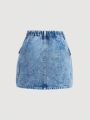 SHEIN Teenage Girls' Streetwear Y2k Snow Wash Denim Mini Skirt With Utility Pockets