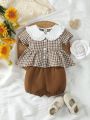 Infant Girls' Stylish Casual Doll Collar Gingham Shirt And Lantern Shorts For Spring/Summer