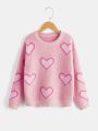 SHEIN Girls Heart Pattern Drop Shoulder Sweater