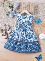 SHEIN Kids SUNSHNE Little Girls' Round Neckline Floral Print Ruffle Sleeve Dress, With Detachable Belt, Summer