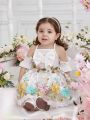 Baby Girl Hollowed Top Bowknot Embellished Embroidered Mesh Dress