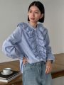 FRIFUL Ladies' Blue Striped Shirt With Floral Lace Collar Design