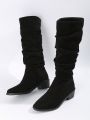 Women's Fashionable Slim Fit Pleated Knee-high Solid Color Riding Boots, Vintage High Heel Suede Western Cowboy Boots