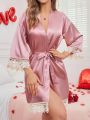 Women'S Lace Patchwork Belted Bathrobe