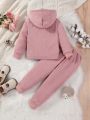 SHEIN Kids Y2Kool Girls' New Velvet Thickened Corduroy Jacket Hooded Coat Elastic Waist Casual Trousers Two-piece Set