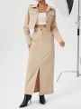 SHEIN Essnce Women'S Lapel Collar Coat & Slit Hem Skirt Two Piece Set