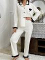 Ladies' Contrast Color Lapel Collar Long Sleeve Pajamas Set With Ear-Shaped Decoration & Long Pants