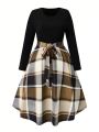 SHEIN LUNE Plus Plaid Print Belted Dress