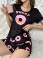 Donut And Letter Print Short Sleeve T-Shirt And Shorts Set