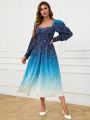 SHEIN Privé Women's Blue Ombre Random Printed Long Sleeve Dress