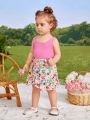 SHEIN Baby Girls' Casual Knitted Vest Top And Floral Print Lotus Leaf Hem Skirt Set