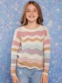 Girls' Colorblock Wave Pattern Round Neck Sweater