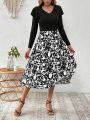 SHEIN VCAY Women's Ruffle Hem Long Sleeve Top And Plant Print Midi Skirt 2pcs/set