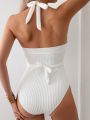 SHEIN Swim Chicsea Women'S Cross-Waist Halterneck Monokini Swimsuit