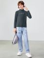 SHEIN Kids EVRYDAY Boys' High Neck Comfortable Long Sleeve T-shirt With Letter Print