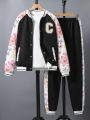 Floral Print Spliced Letter Embellished Jacket And Pants Set