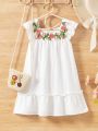 SHEIN Kids QTFun Little Girls' Woven Patchwork Embroidery And Lace Trim Square Neckline Short Sleeve Dress