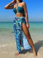 SHEIN Swim Vcay Criss Cross Bikini Set + Tropical Print Beach Skirt